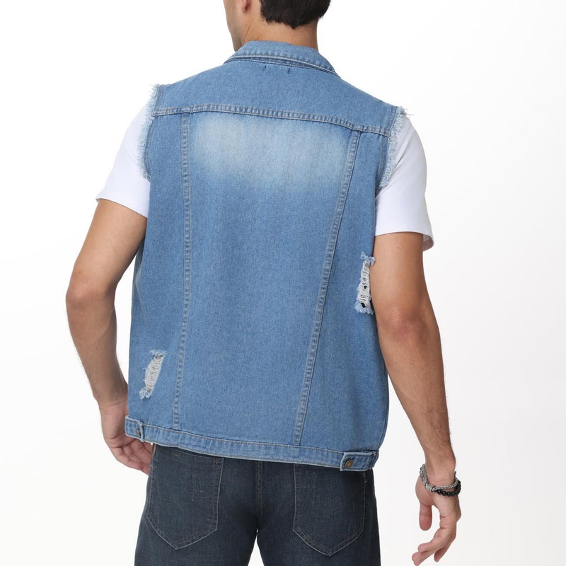 NASKY Men's Fit Retro Ripped Denim Vest Sleeveless Lapel Jean Vest Jacket Waistcoat Top(Large,Light blue) - Image 4